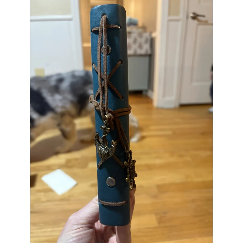 Trifold Teal Leather Journal Cover Refillable Binder Compass With Cord Charms